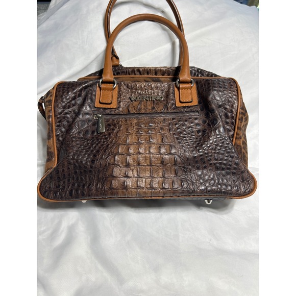 Valentino Satchel Bag Croc Embossed Leather Leopard Print Accent Designer Purse - Picture 1 of 15